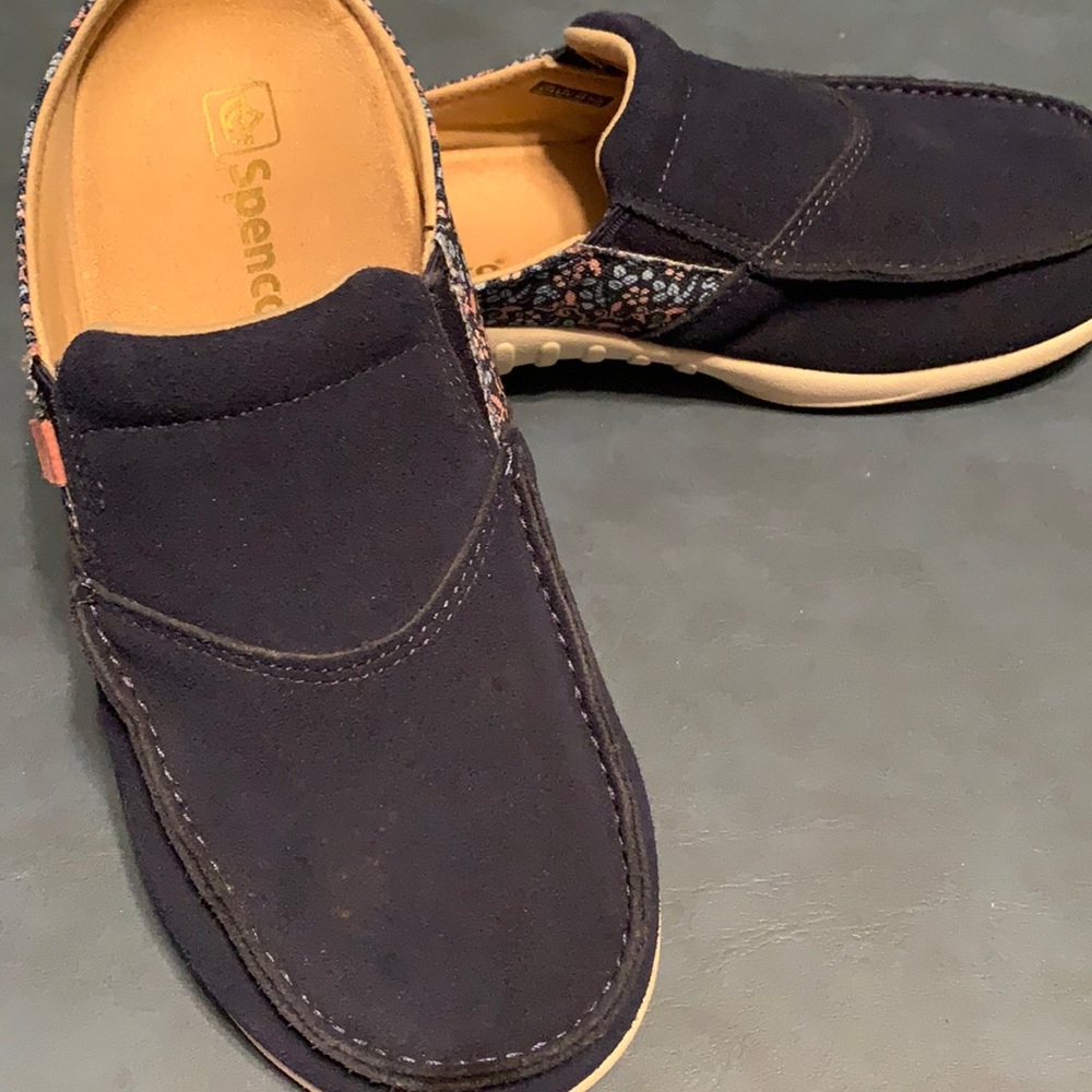 Spenco blue suede clogs